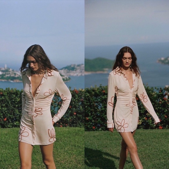 With Jean Dress Andy Textured Button-Down Mini Cream Chalk And Flowers size XS - Picture 3 of 3